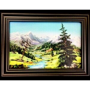 Original Miniature Digital Landscape Painting Canvas 4" x 6" Framed Cabincore